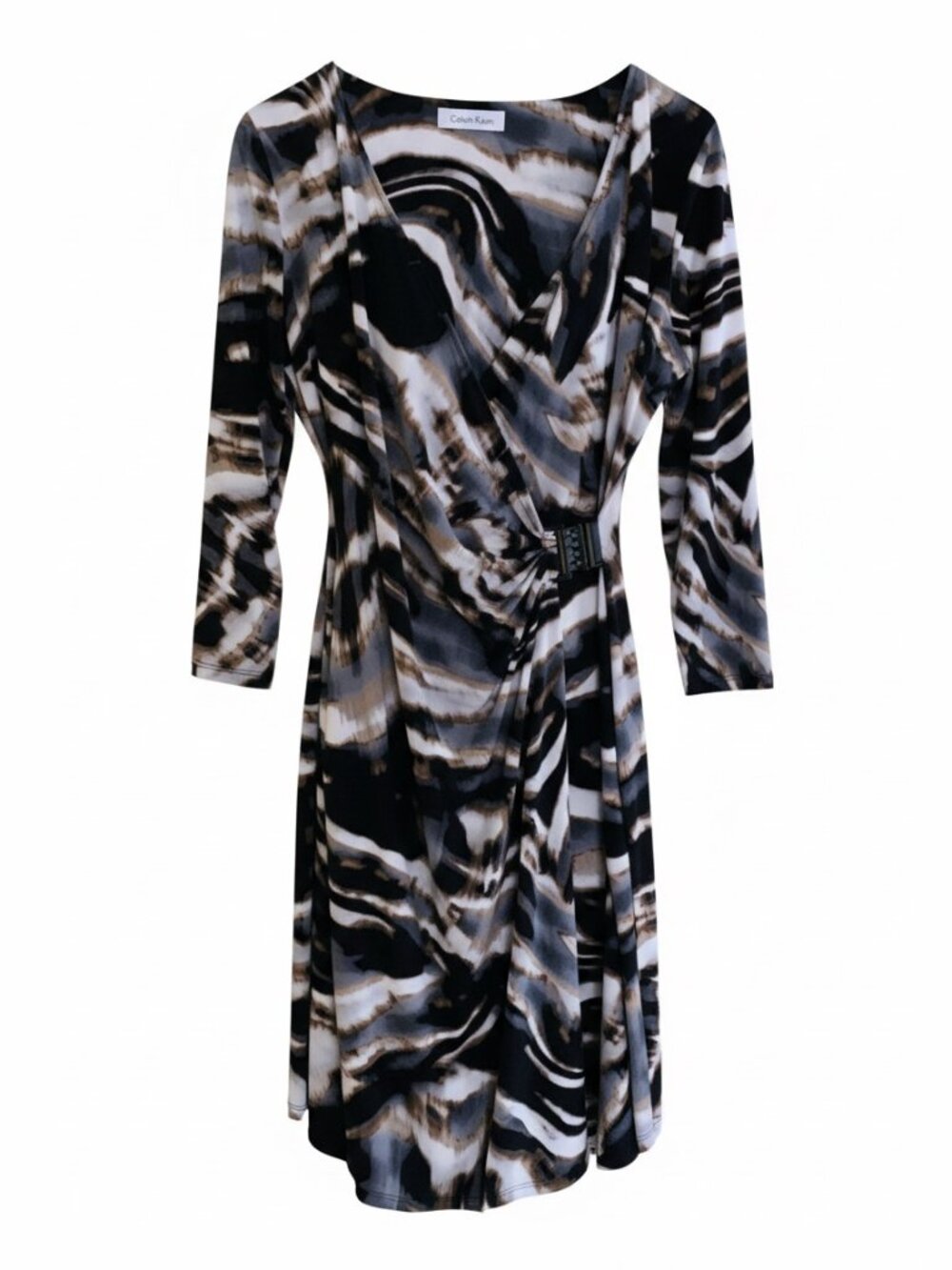 Calvin Klein Brown Black Gray Marbled Abstract Wrap Deisgn Dress Size Small